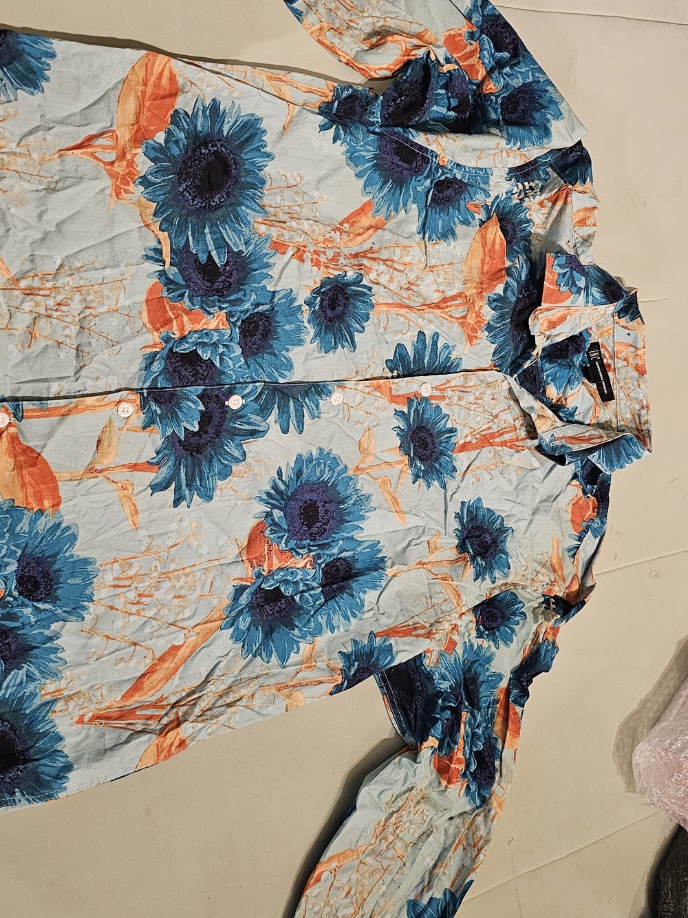 INC International Concepts Blue Floral Button-Down Shirt with Orange Accents
